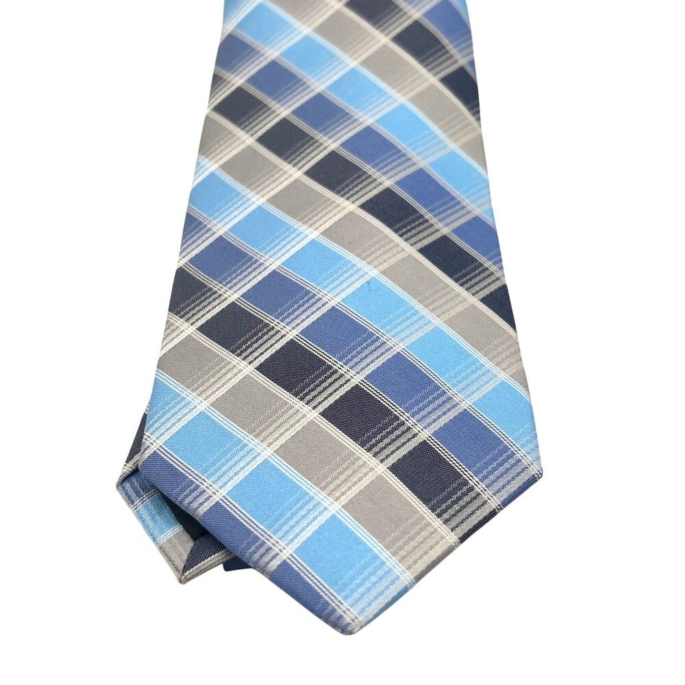 Perry Ellis Portfolio Plaid Silk Necktie, Blue, OS - Picture 8 of 8